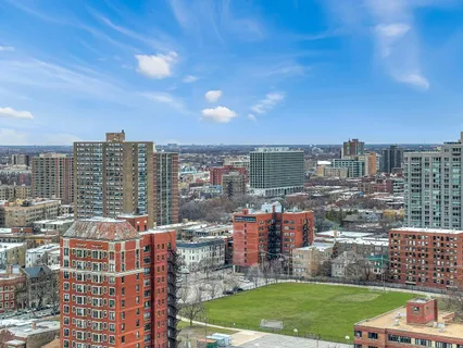 a city view with tall buildings