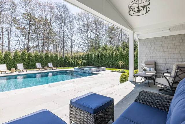 a view of swimming pool with chairs and couch