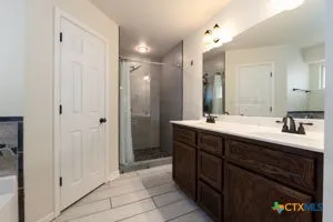 a bathroom with a double vanity sink shower and a mirror