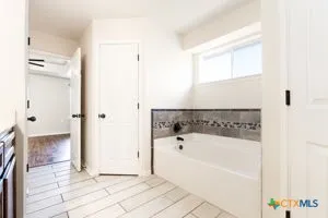 a bathroom with a bathtub and a shower