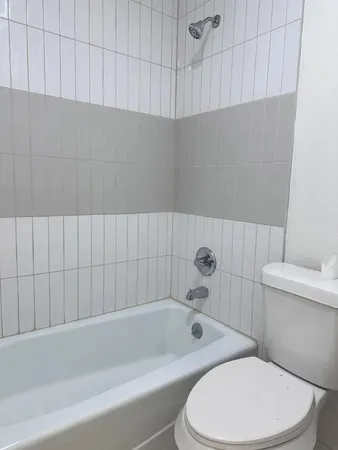 a bathroom with a toilet and bathtub