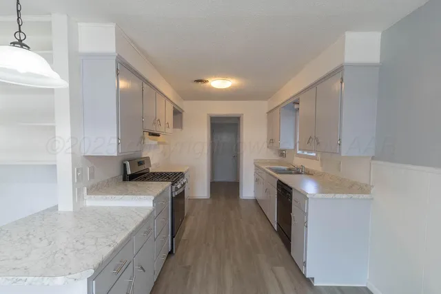 a kitchen with stainless steel appliances granite countertop a sink a stove and a refrigerator