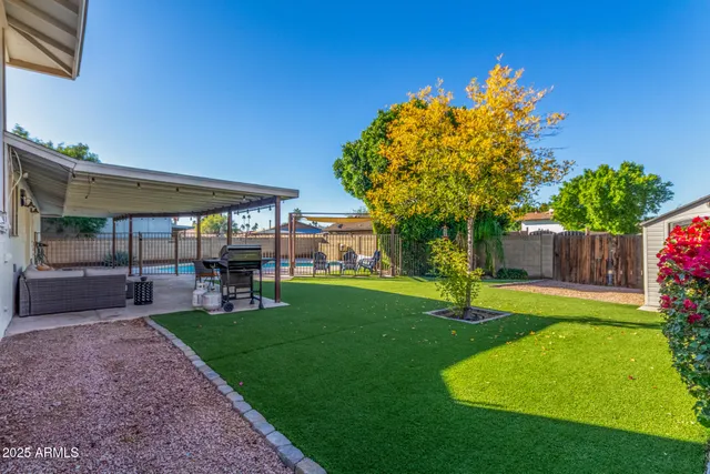 a garden view with a seating space