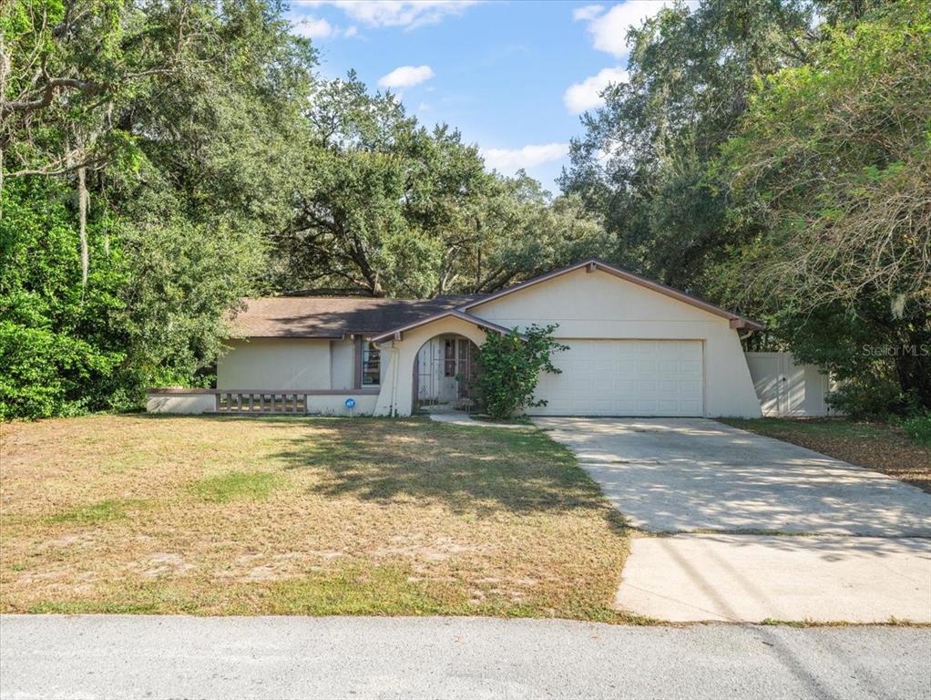 a view of a house with a yard and large tree