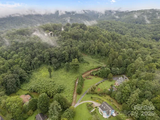 an aerial view of residential houses with outdoor space and trees