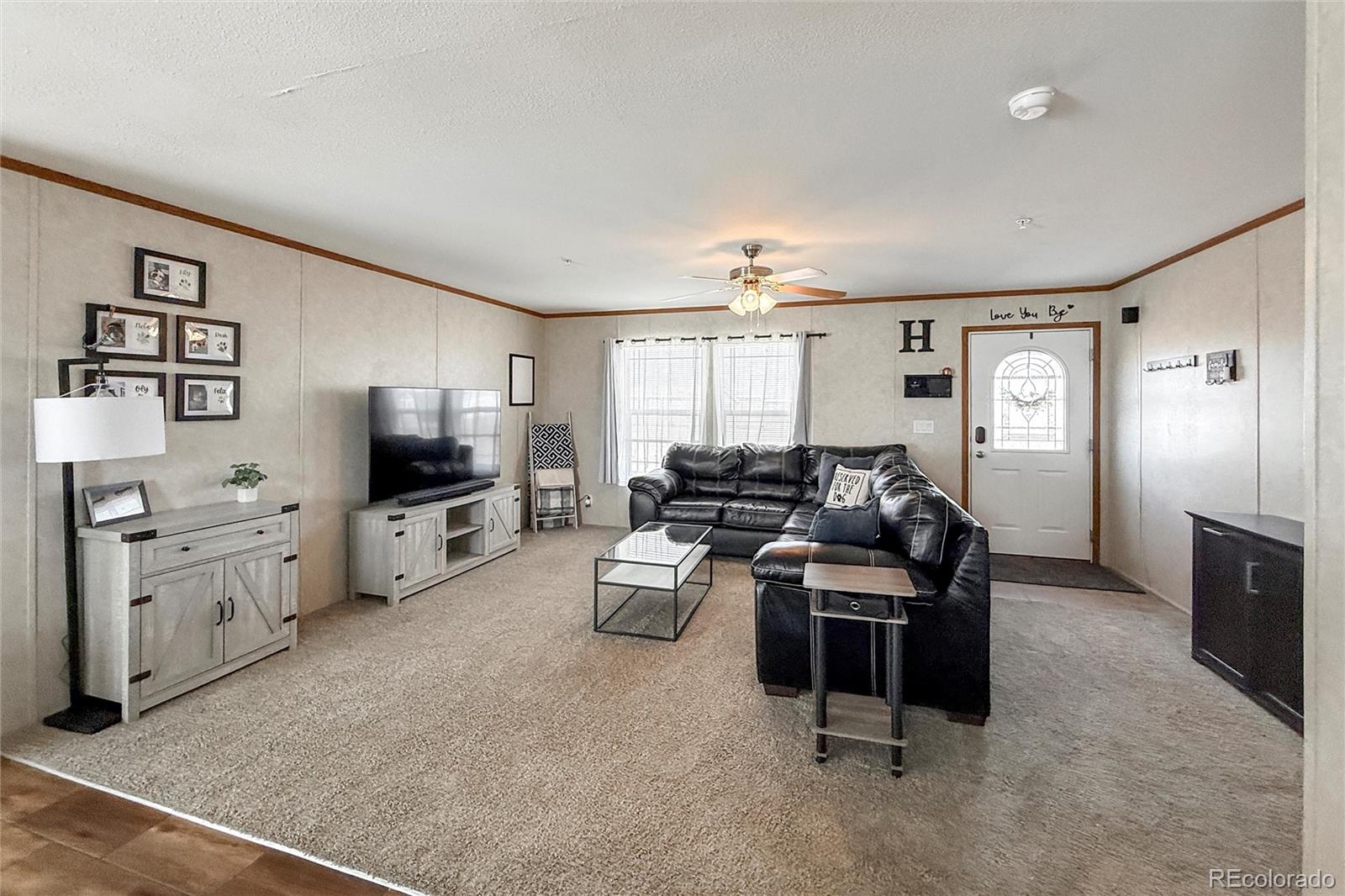 16412 Higgins Avenue Fort Lupton, CO 80621 - Photo 3 of 27 a living room with furniture a flat screen tv and a refrigerator