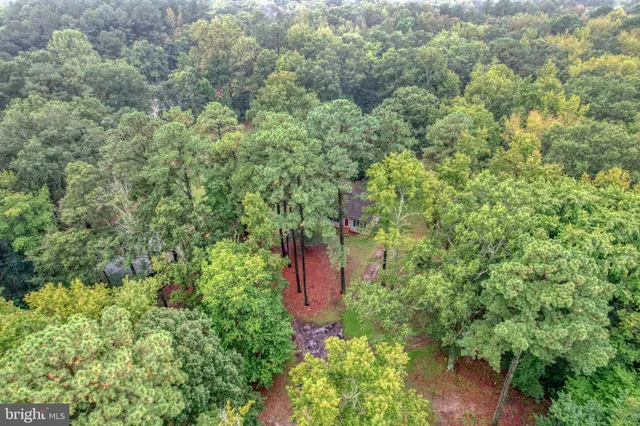 an aerial view of residential house with outdoor space and trees all around