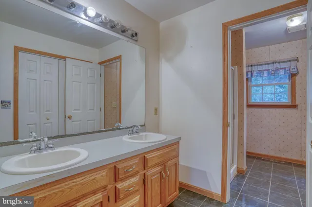 a bathroom with a double vanity sink and a mirror