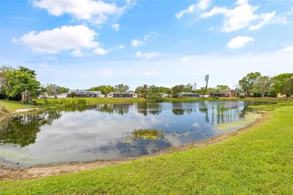 a view of a lake with houses in the back