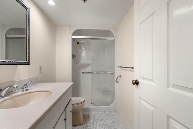 a view of a park with large trees