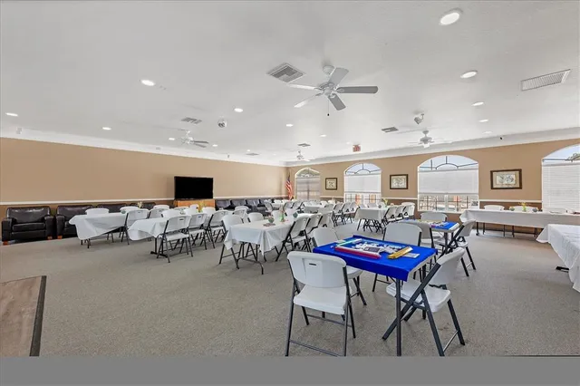 a view of a dining room with furniture