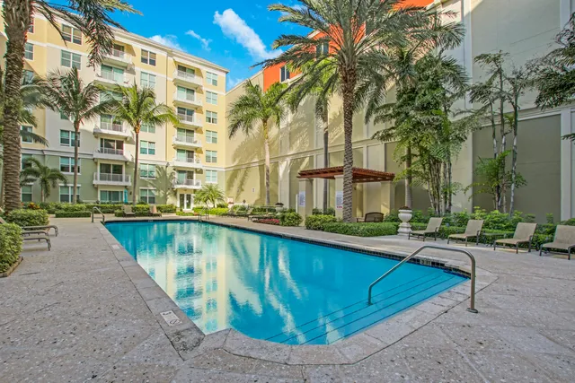 a view of a terrace with palm trees