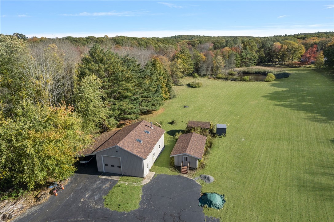 365 West Wrentham Road Cumberland, RI 02864 - Photo 6 of 50 Aerial view of heated garage, storage shed and chicken coop