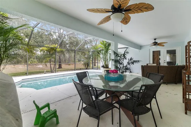 a view of a backyard with a swimming pool