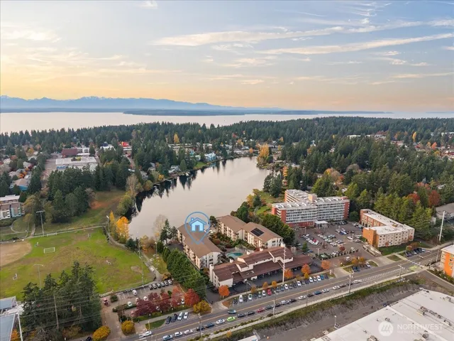a view of a lake with a city