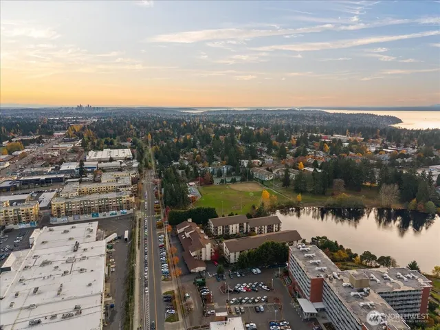 a view of a lake with a city