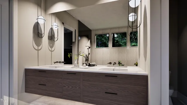 a bath room with a window and furniture