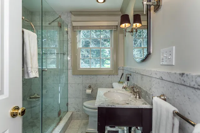a bathroom with a granite countertop sink a toilet and shower