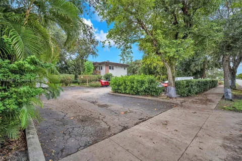 a view of a street with potted plants and a large tree