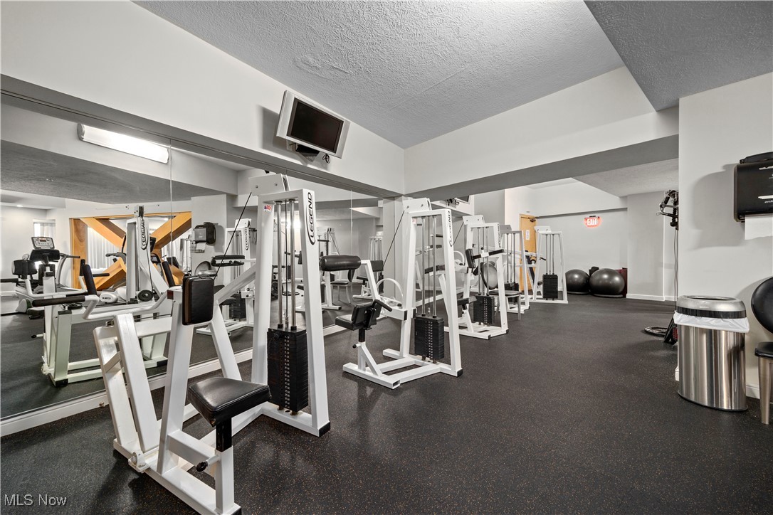 2222 Detroit Avenue, Unit 519 Cleveland, OH 44113 - Photo 24 of 30 Workout area featuring a textured ceiling, lofted ceiling