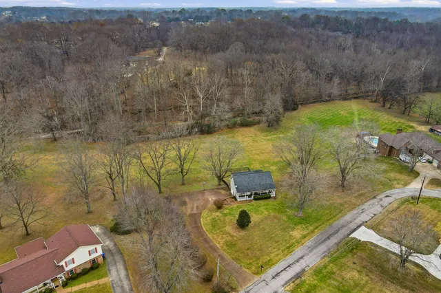 a view of a swimming pool with a yard