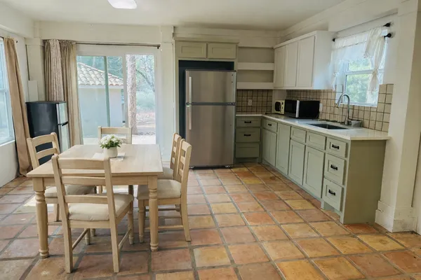 a view of a forest with trees in the background