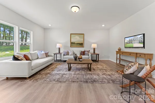 a living room with furniture and a rug