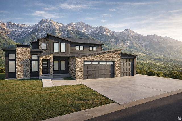 10247 South Elberta Lane, Unit 16 Sandy, UT 84092 - Photo 1 of 4 Contemporary house with stone siding, a mountain view, concrete driveway, and a front yard