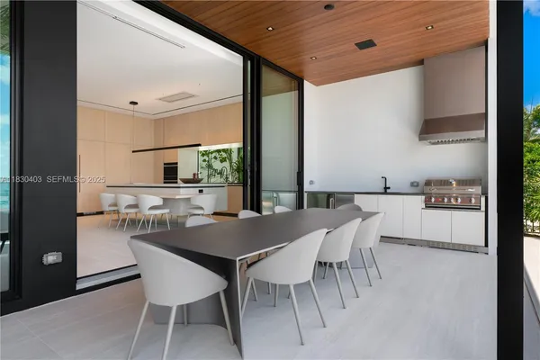 a view of a dining room with furniture and window