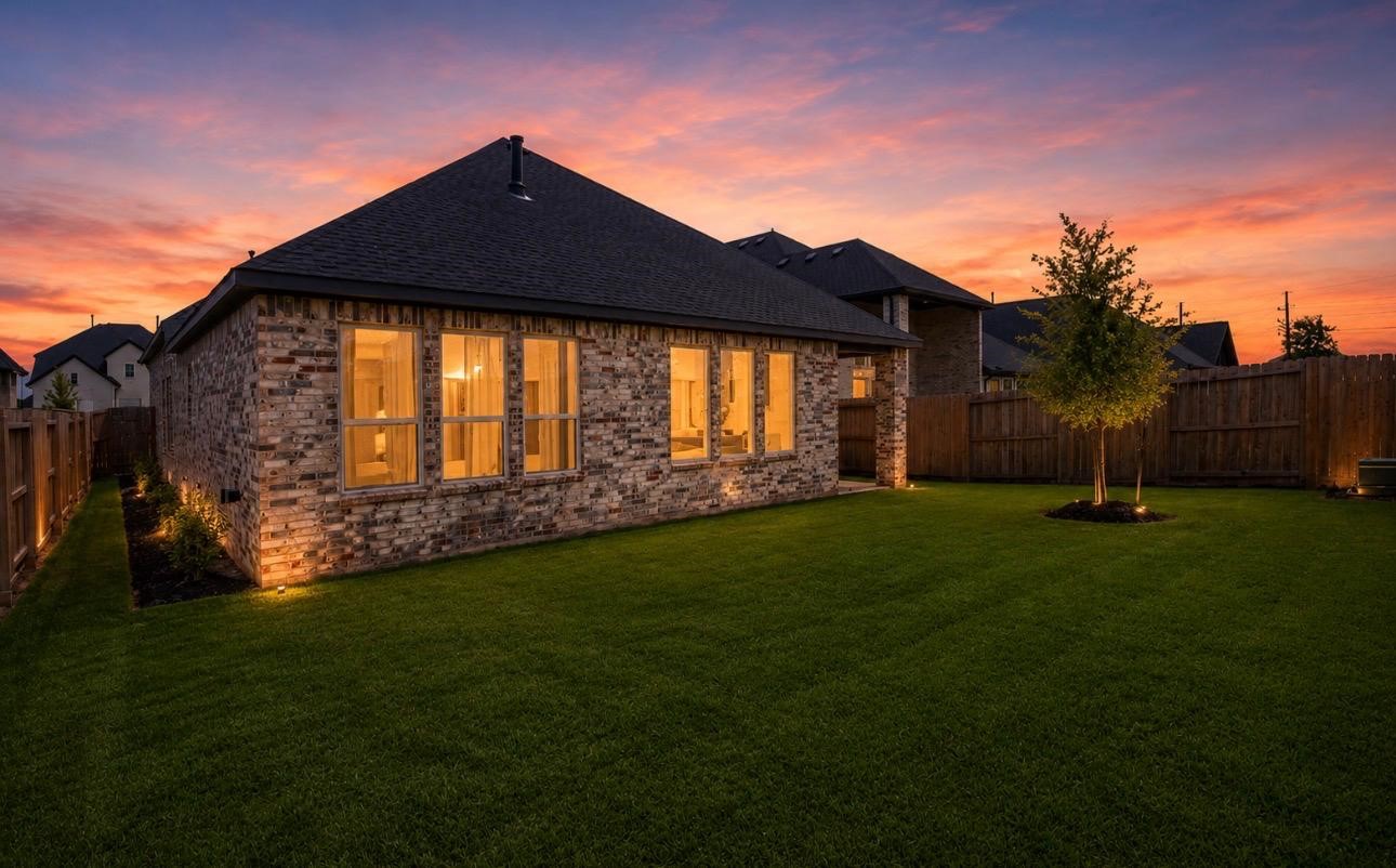31915 Sky Rdg Lane Fulshear, TX 77441 - Photo 3 of 38 This beautifully enhanced image showcases the potential of your dream home, with its inviting brick exterior and lush backyard, perfectly set against a stunning sunset.