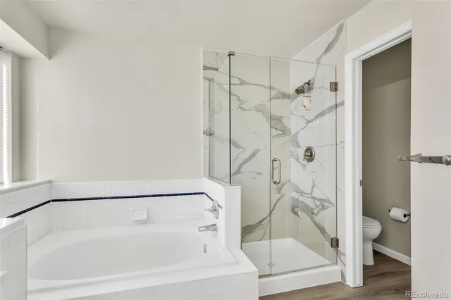 a bathroom with a bathtub and a shower