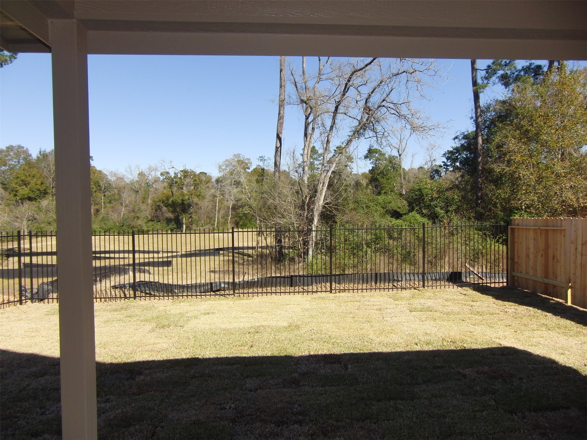 5522 Mesquite Oaks Trail Spring, TX 77389 - Photo 22 of 28 Backyard with a covered patio, overlooking a fenced area with a natural, wooded view. The space offers privacy and a serene environment, ideal for relaxation and outdoor activities.