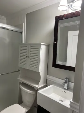 a bathroom with a sink a toilet and mirror