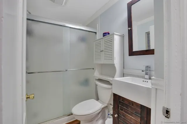 a bathroom with a sink a toilet a shower and a mirror