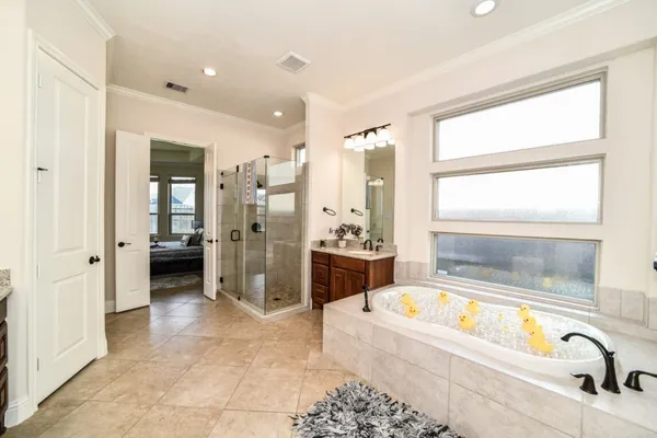 a bathroom with a tub sink and mirror