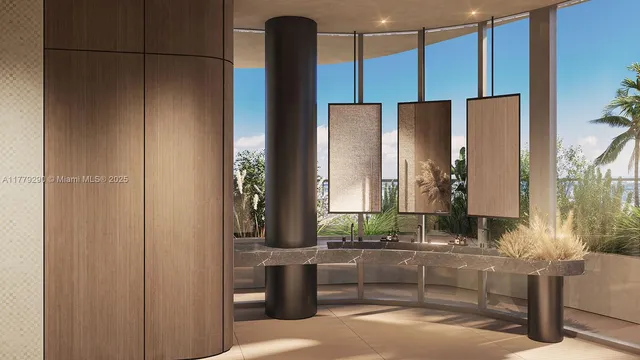 a living room with furniture and floor to ceiling windows