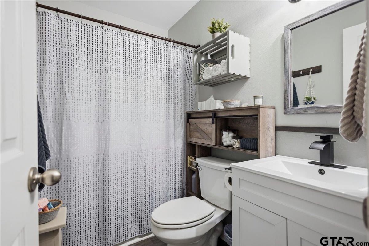 289 Acapulco Road Jefferson, TX 75657 - Photo 18 of 30 a bathroom with a sink a toilet and a shower curtain