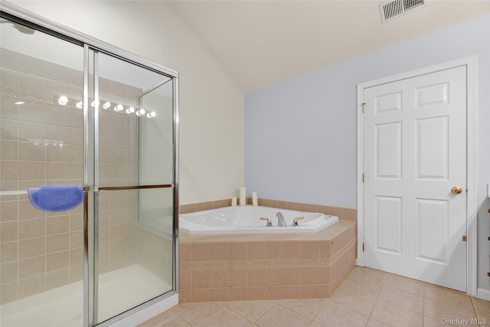 733 Huntington Drive Fishkill, NY 12524 - Photo 14 of 18 Full bathroom featuring lofted ceiling, tile patterned floors, a garden tub, and a stall shower