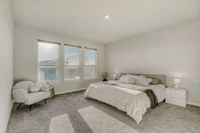 a bedroom with a bed and a couch with window