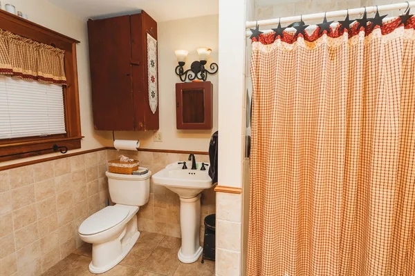 a bathroom with a sink toilet and shower curtain