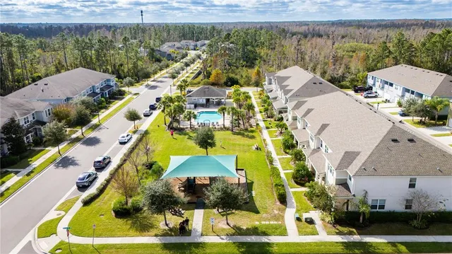 an aerial view of a swimming pool