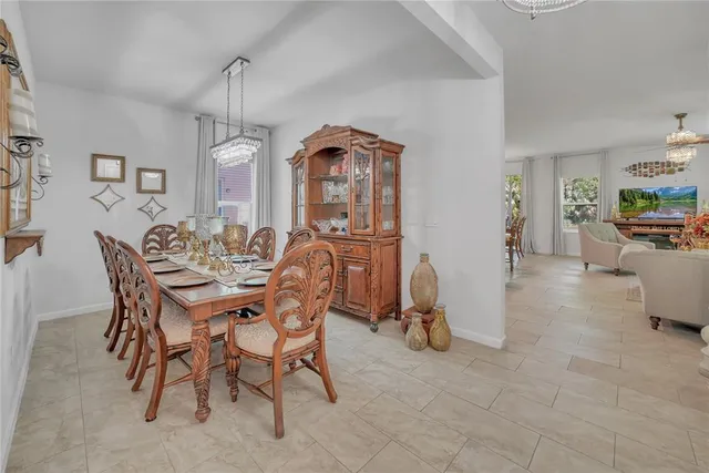 a view of a dining room with furniture
