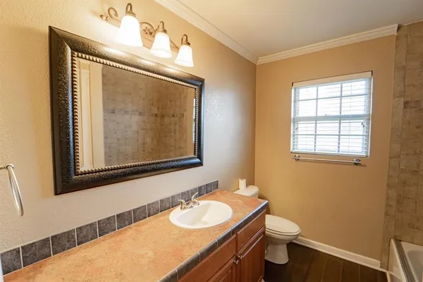 a bathroom with a sink vanity mirror and toilet