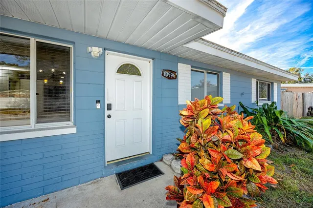 front view of a house with a potted plant