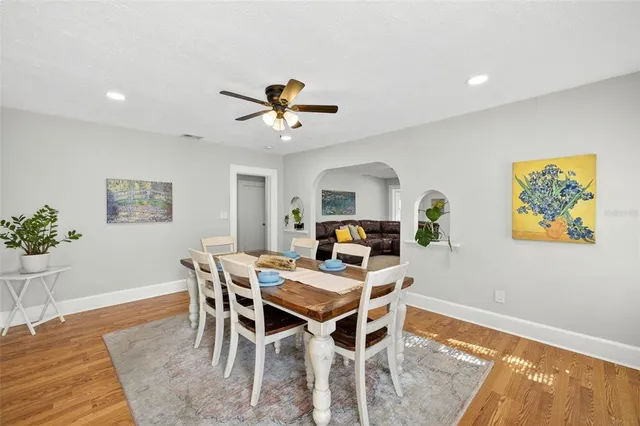 a view of a dining room with furniture
