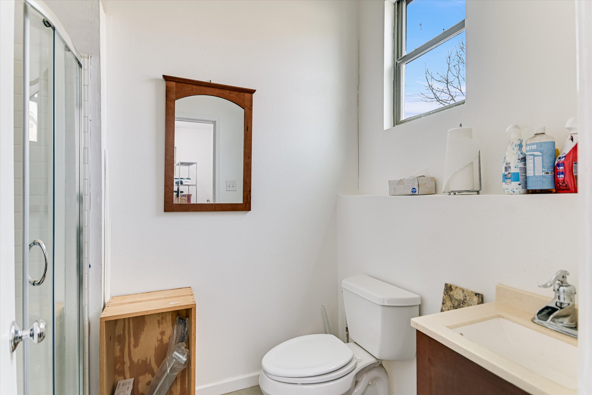117 View Drive Georgetown, TX 78628 - Photo 30 of 40 Workshop Bathroom featuring a shower stall, vanity, toilet. Located just off a separate small entry room.