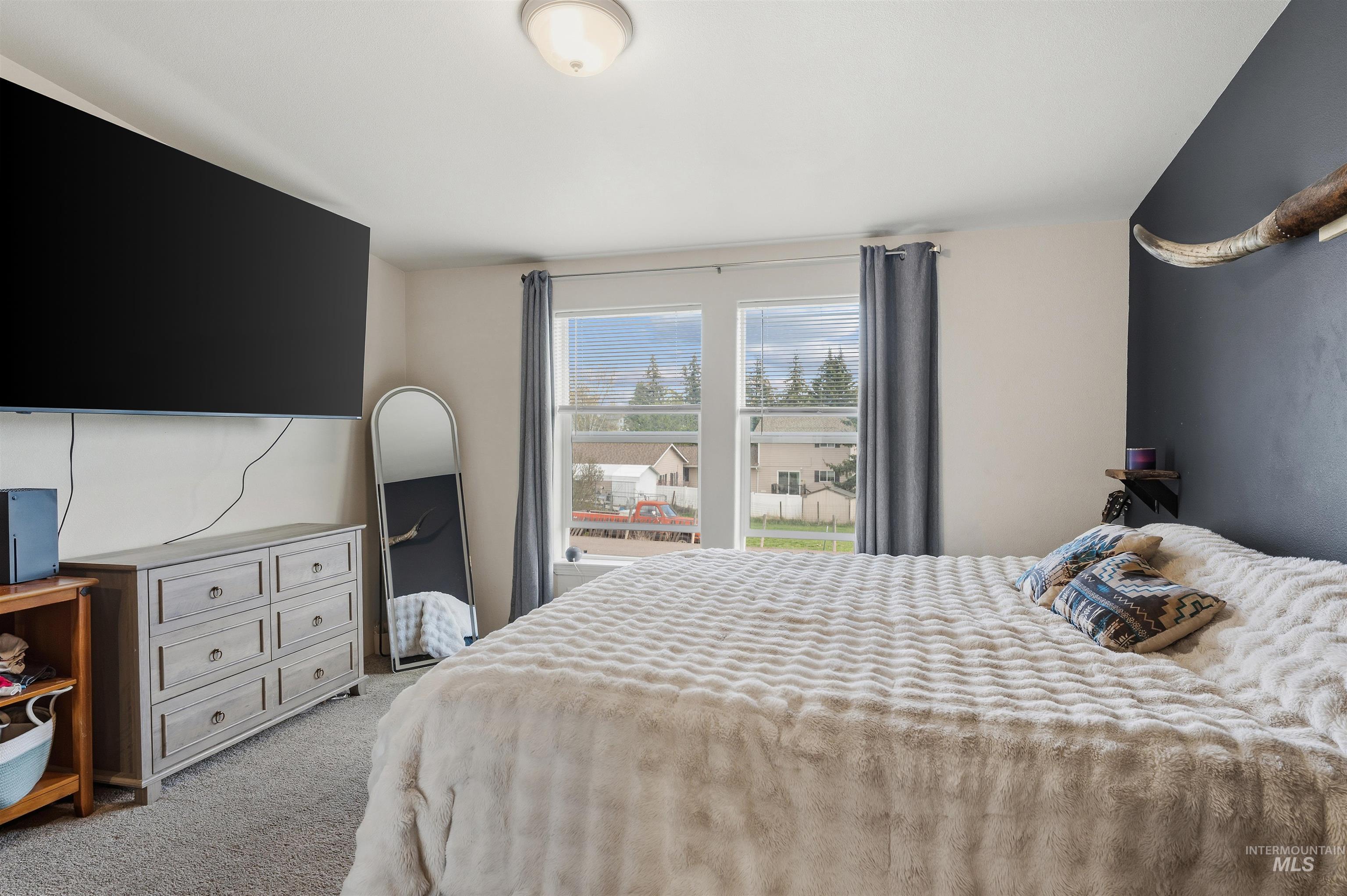 302 3rd Avenue Craigmont, ID 83523 - Photo 15 of 31 Windowed room with a wall-mounted flat-screen display, light gray carpeting, and a contrasting accent wall