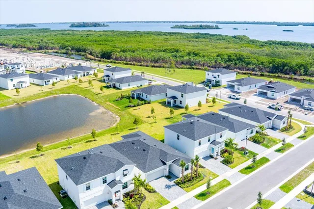 an aerial view of a house with a swimming pool