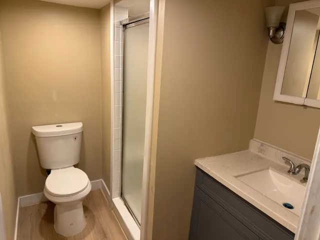 a bathroom with a toilet a sink and a mirror