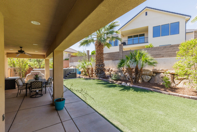 1257 West 2320 South St. George, UT 84770 - Photo 34 of 55 Covered patio featuring a ceiling fan, recessed lighting, and direct access to the turf lawn